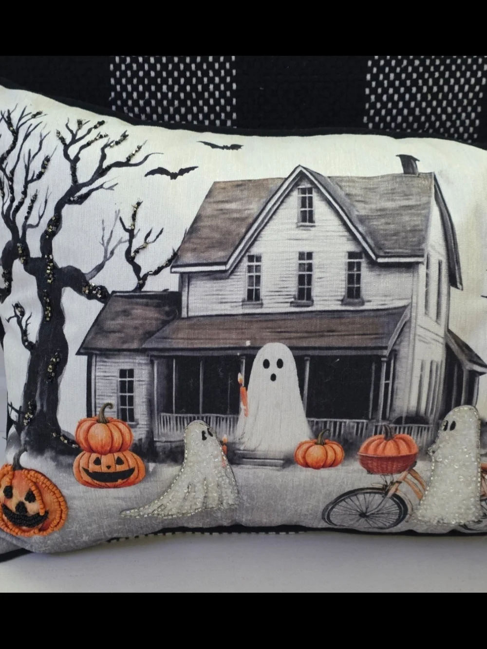 ♥️New! Halloween Haunted House & Ghosts Pillow Beaded Pumpkins Striped Back.